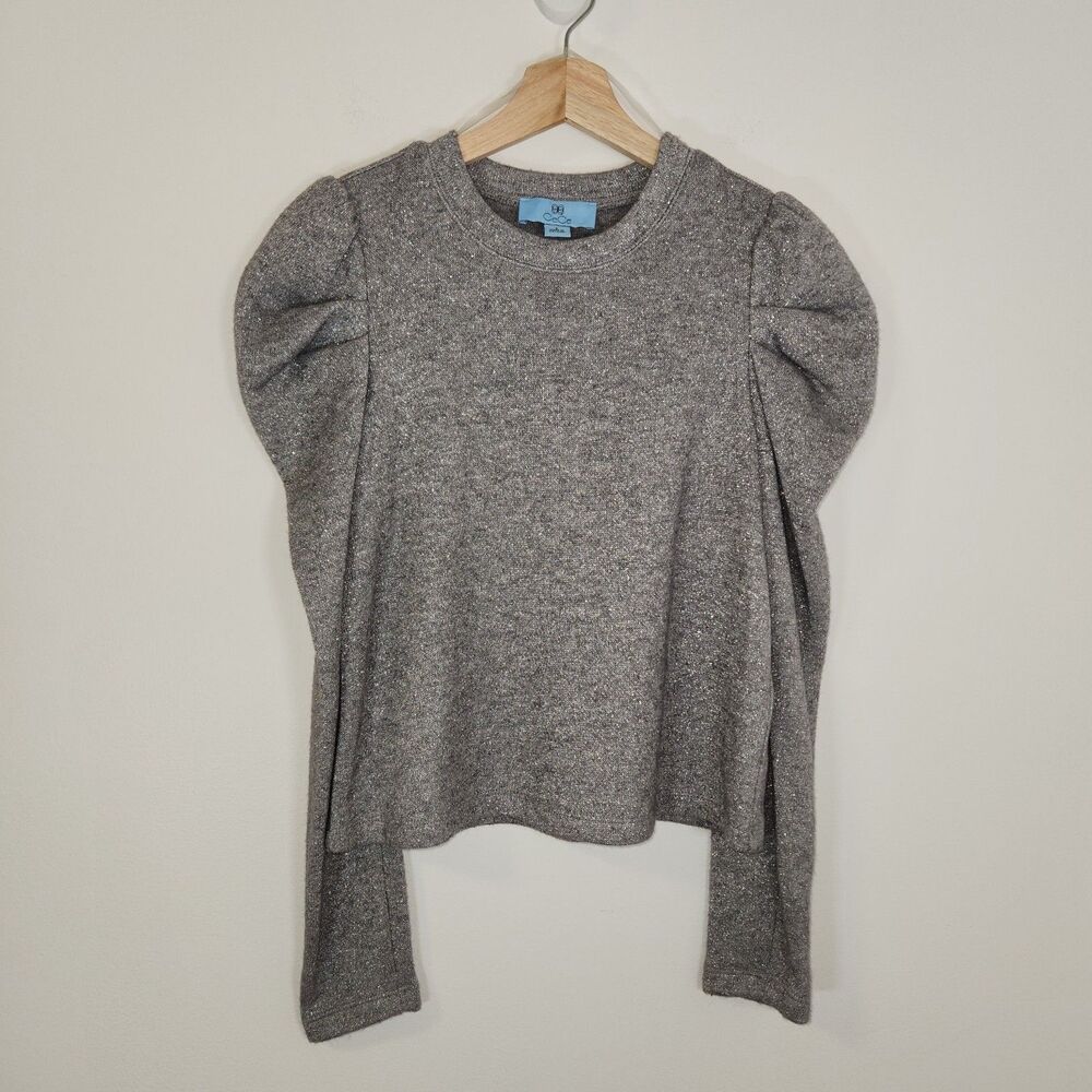 Cece Silver Metallic Luxe Puff Sleeve Crew Neck Sweater SMALL